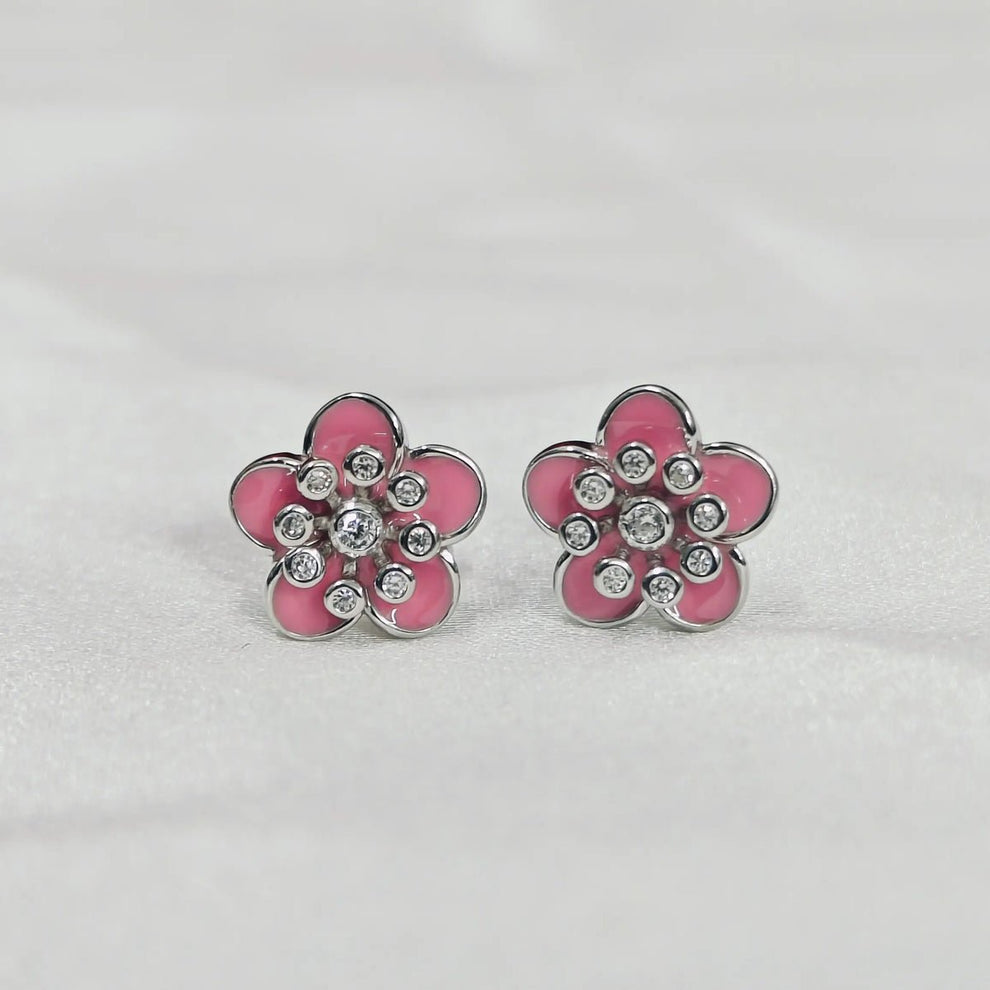 Sparkling Pink Flower Stud Earrings - Kivara jewels