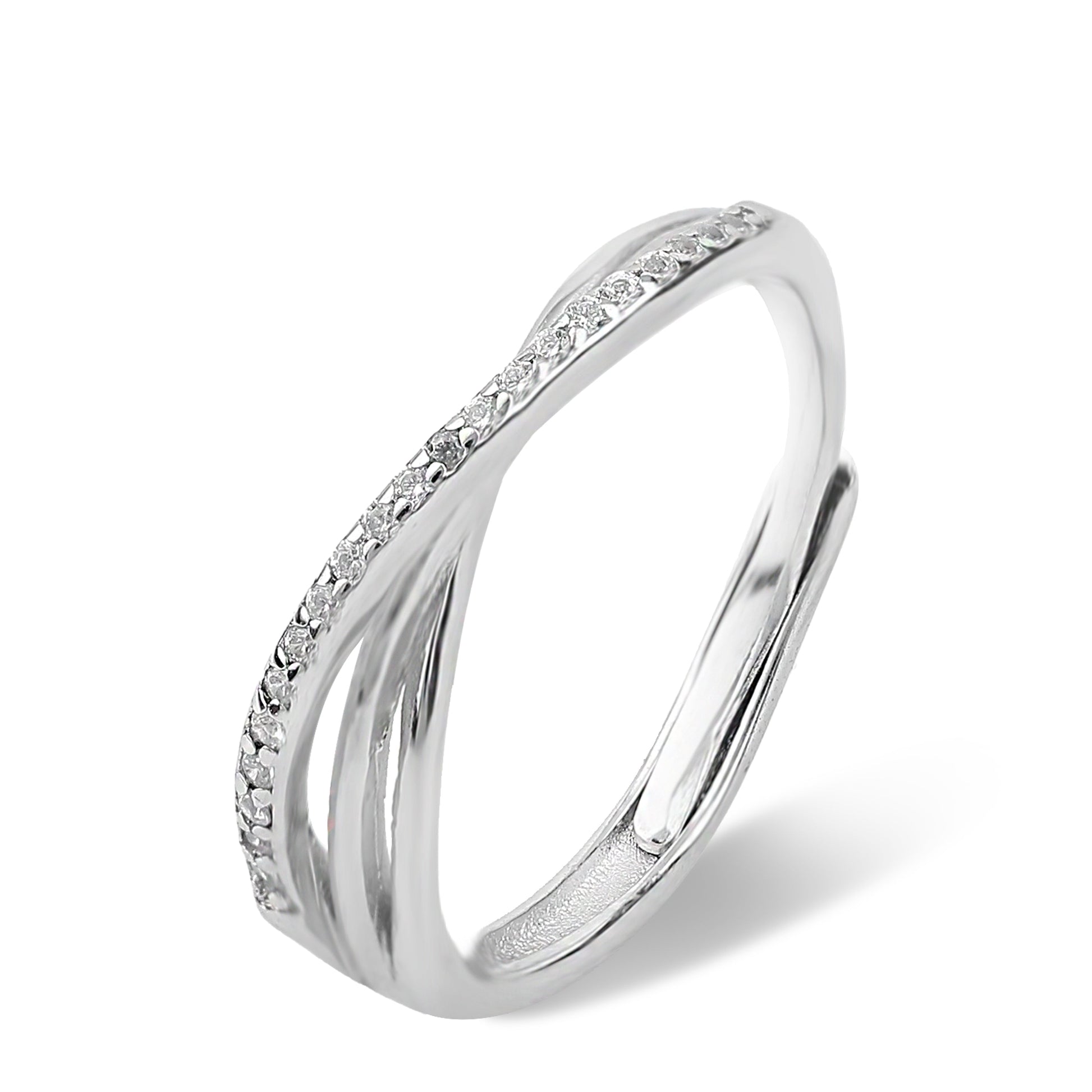 Silver ring with small diamonds on a white background